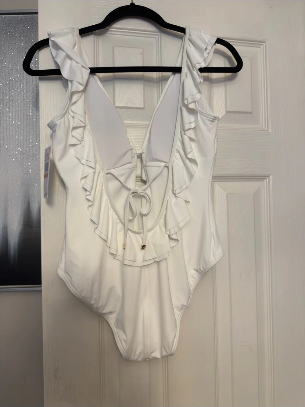 Michael Kors White Ruffle V-Neck One-Piece Swim Bodysuit